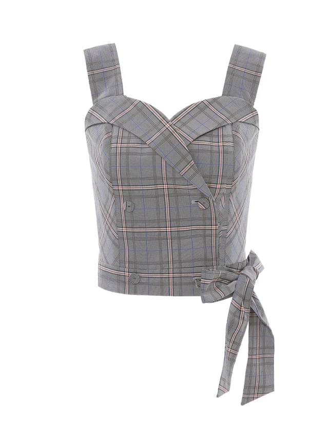 Plaid Pattern Sleeveless Sash Waist Top